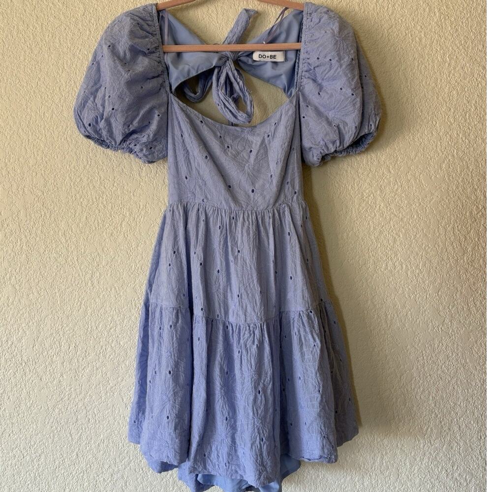Do+Be Women's Dress Light Blue Eyelet Puff Sleeve Cotton Mini Size Small Girly